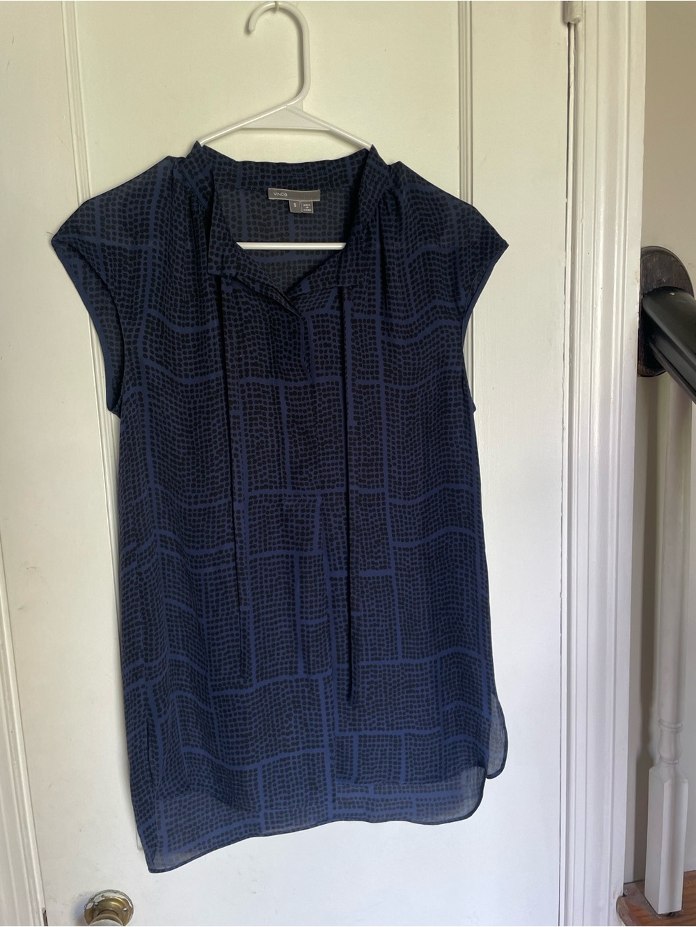 Vince Silk Navy/Black Dot Grid Blouse Womens Size Small